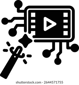 Modern glyph showing AI-generated video creation. Relevant for media automation, storytelling, and synthetic content.