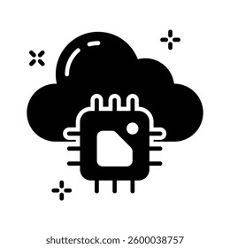 Modern glyph style icon depicting ai cloud with a microprocessor chip