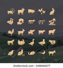 Modern glyphs of farm animals icons from 25 icons drawn in vector and isolated on the background vector illustration of a village with a house, mountains, and plants.