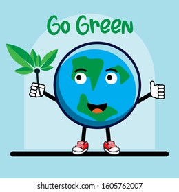 Modern Go Green Earth holding leaves Label Logo, Mascot, Cartoon Vector illustration 