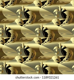 Modern gold 3d Baroque vector seamless pattern. Abstract geometric flowing lines textured background. Floral vintage flowers, leaves. Luxury elegance golden ornaments. For wallpapers, fabric, prints