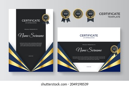 Modern gold black certificate. Clean modern certificate with gold badge. Certificate border template with luxury and modern line pattern. Diploma vector template