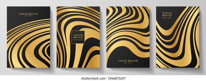 Modern gold and black cover design set.  Abstract wavy line pattern (curves). Creative golden stripe vector collection for business background page, brochure template, luxury booklet, vertical flyer