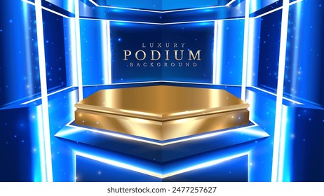 Moderno pedestal de oro y azul con diseño geométrico. Iluminado con elegantes líneas blancas de luz. Perfecto para presentaciones y escaparates de lujo. Ilustración vectorial.