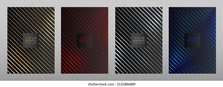 Modern gold, blue, red diagonal stripe cover design set. Luxury creative dynamic line pattern. Formal premium vector dark background for business brochure, poster, notebook, menu template