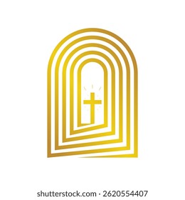 Modern Gold Christian Church Logo with Abstract Arches and Shining Cross