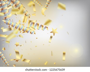 Modern Gold Confetti, Falling Stars, Streamers, Tinsel. Horizontal Shiny Shimmer Background. Cool Luxury Christmas, New Year, Birthday Party Holiday Texture. Gold Confetti, Falling Down Stars.
