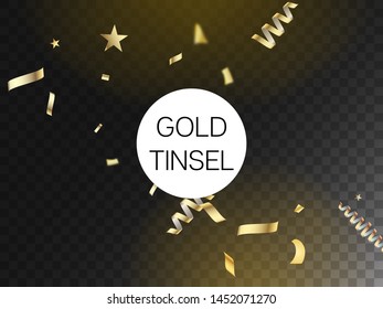 Modern Gold Confetti, Falling Stars, Streamers, Tinsel. Cool Rich VIP Christmas, New Year, Birthday Party Holiday Garland. Horizontal Magic Stardust Background. Gold Confetti, Falling Down Stars.