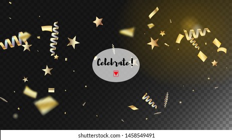 Modern Gold Confetti, Falling Stars, Streamers, Tinsel. Cool Sparkling Christmas, New Year, Birthday Party Holiday Border. Horizontal Shiny Shapes Background. Gold Confetti, Falling Down Stars.