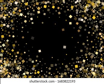 Modern gold confetti sequins sparkles flying on black. Rich Christmas vector sequins background. Gold foil confetti party explosion isolated. Rhombus sparkles surprise backdrop.