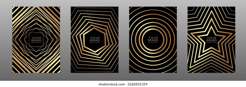 Modern gold cover design set. Luxury black colour digital geometric pattern. Creative premium stripe vector background for business catalog, brochure template, notebook, invitation