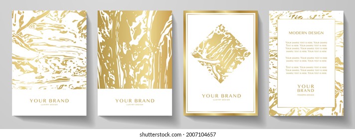 Modern gold cover, frame design set. Creative fashionable background with golden abstract marble pattern. Elegant trendy vector for makeup catalog, brochure template, beauty booklet, restaurant menu