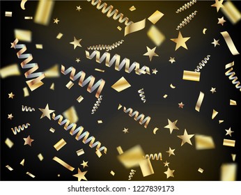 Modern Gold Explosion, Stars, Streamers, Tinsel Burst. Cool Glamour Christmas, New Year, Birthday Party Holiday Texture. Horizontal Magic Night Sky Background. Gold Explosion, Streamers Burst.