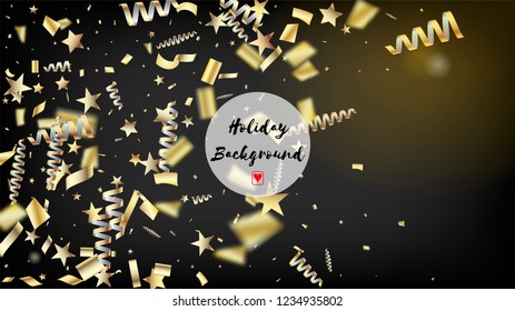 Modern Gold Explosion, Stars, Streamers, Tinsel Burst. Cool Glamour Christmas, New Year, Birthday Party Holiday Border. Horizontal Bright Streamers Background. Gold Explosion, Streamers Burst.