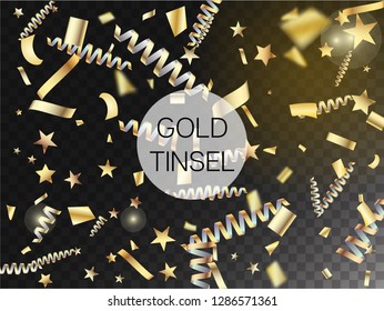 Modern Gold Explosion, Stars, Streamers, Tinsel Burst. Horizontal Dotted Sparkles Background. Cool Elegant Christmas, New Year, Birthday Party Holiday Scatter. Gold Explosion, Streamers Burst.