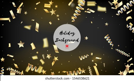 Modern Gold Explosion, Stars, Streamers, Tinsel Burst. Cool Rich VIP Christmas, New Year, Birthday Party Holiday Border. Horizontal Dotted Stardust Background. Gold Explosion, Streamers Burst.