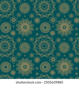 Modern gold mandala seamless pattern on turquoise background for yoga, coloring book, textile, stickers