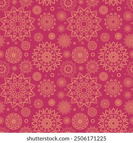 Modern gold mandala seamless pattern on pink background for yoga, coloring book, textile, stickers