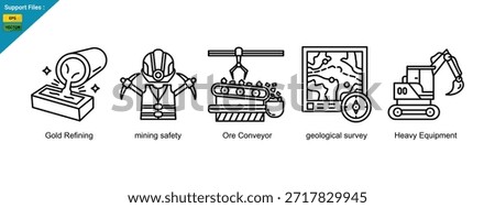 Modern gold mining processes are shown with icons for gold refining, mining safety, ore conveyor, geological survey, and heavy equipment. Outline icons set
