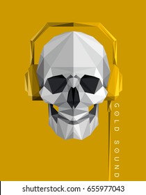 Moderna ilustración de estilo hipster plano poligonal dorado del cráneo humano con auriculares, afiche con texto Sonido dorado. Halloween, diseño de pantalones con hechizo oscuro.
