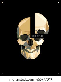 Modern gold polygonal flat hipster style illustration of human Skull, poster with text Piece of me. Halloween, dark spell t-shirt design.