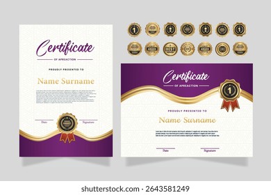 Modern gold and purple certificate of achievement award template with badge and border for business and corporate