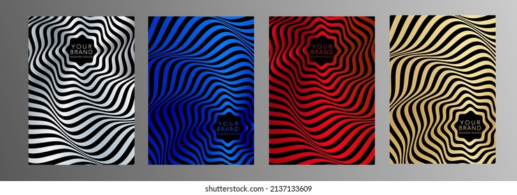 Modern gold, red, blue, silver cover design set. Abstract wavy line pattern on black background. Creative stripe vector collection for business page, brochure template, booklet, flyer, catalog, card