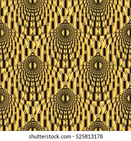 Modern gold seamless pattern. Elegant 3d abstract geometric background. Ornate gold 3d wallpaper. Decorative surface circles and beautiful ornaments. Wave vector gold pattern texture.