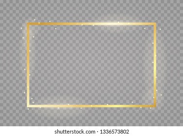 Modern gold shiny vintage frame isolated on a transparent background. Golden glowing rectangle frame. Abstract background. Luxury realistic element of wedding decor. Vector illustration