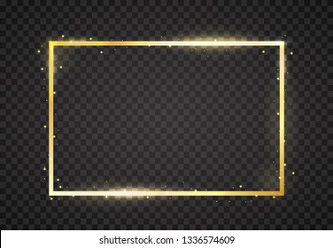 Modern gold shiny vintage frame isolated on a transparent background. Golden glowing rectangle frame. Abstract background. Luxury realistic element of wedding decor. Vector illustration