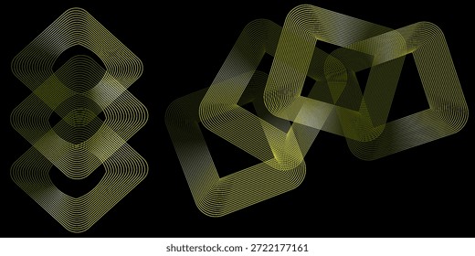 Modern gold and silver blend line circle square dengan latar belakang hitam. Abstract glowing circle lines on dark background. Geometric stripe line art design. Futuristic technology concept. Suit for poster, cover, banner, brochure, website. vector ilustration