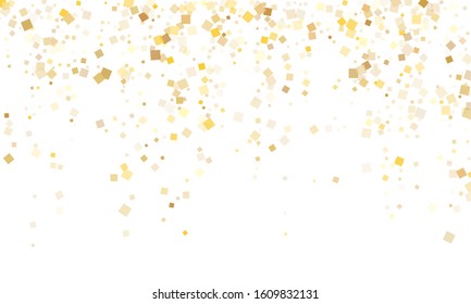 Modern gold square confetti sparkles flying on white. Rich New Year vector sequins background. Gold foil confetti party particles texture. Light dust sparkles party background.