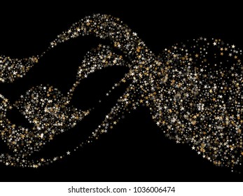 Modern gold star dust sparkle vector background. Glitter stardust confetti, shining sparkles pattern design on black. Shining gold stars vector, tinsel lights background. Poster backdrop.