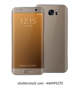 Modern gold touchscreen phone smartphone isolated. Vector cell phone illustration. Smartphone back view with edge side style. Front view 