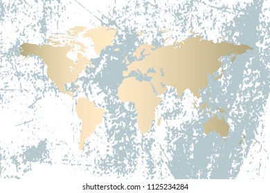 Modern gold world map design on grunge pastel abstract texture. Vector Trendy design