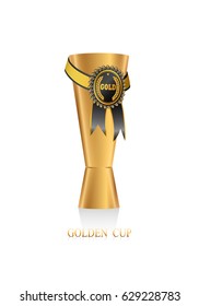Modern golden award championship cup with contest seal of perfection. Realistic vector illustration with grouped elements.
