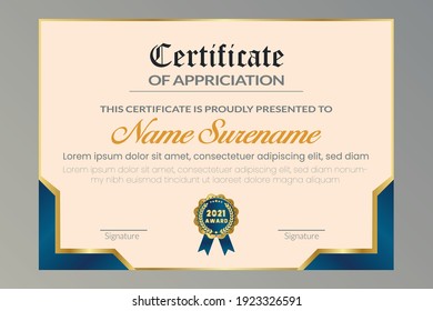 Modern golden blue certificate design template with best ribbon