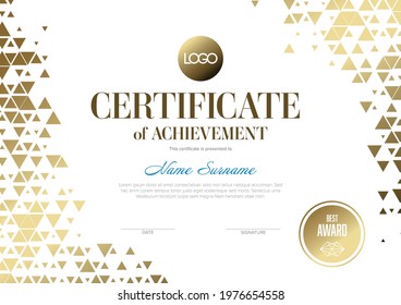 Modern golden certificate of achievement template with place for your content - gold triangles pattern texture design on light white background. Fresh creative diploma certificate with premium accent.