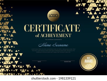 Modern golden certificate of achievement template with place for your content - gold triangles pattern texture design on dark background. Fresh creative diploma certificate with premium accent.