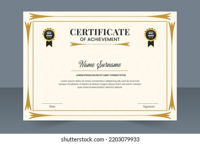 Modern golden certificate template and border, for award, diploma, printing, achievement
