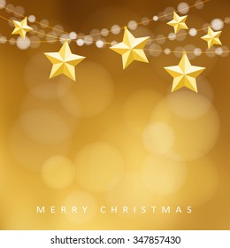 Modern golden christmas greeting card with garland of lights and folded paper stars, vector illustration background