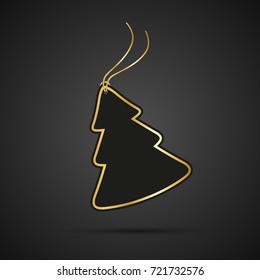 Modern golden christmas tree with string on black background, holiday greeting card with merry christmas sign