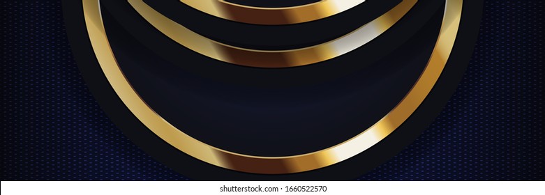 Modern golden circle shaped overlap vector on a black background with creative pattern and blue light combination. Editable digital banner eps10