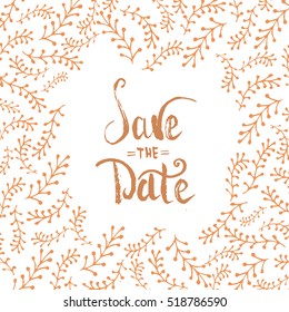 Modern golden clean save the date lettering, wedding invitation card with wreath floral template background.