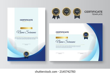 Modern Golden color Certificate Award Design Template. Clean modern certificate with gold badge. Certificate border template with luxury modern line pattern. Diploma Certificate vector template set