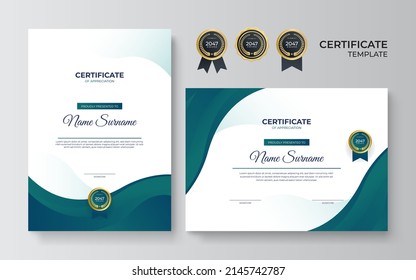 Plantilla moderna de diseño de certificado de color dorado. Certificado moderno limpio con insignia de oro. Plantilla de borde de certificado con diseño de línea moderno de lujo. Conjunto de plantillas de vectores de certificados de diploma