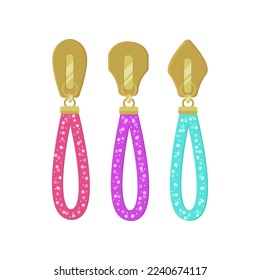 Modern golden and colorful zip sliders for clothes cartoon illustration. Golden zipper pullers with tassels for sportswear or leather backpacks. Fashion, metal accessories concept svg