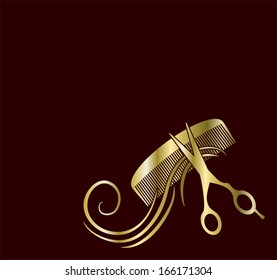 modern golden comb and scissors for barber shop