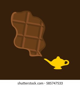 modern golden Genie's magic lamp with a big clean & flat design cloud of chocolate bar. dream come true. tasty chocolate vector in a dark background