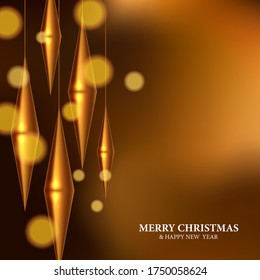 modern golden hanging decoration for christmas party. Elegant, royal, luxury 3D carving design with gold bokeh light background. greeting card template for xmas celebration